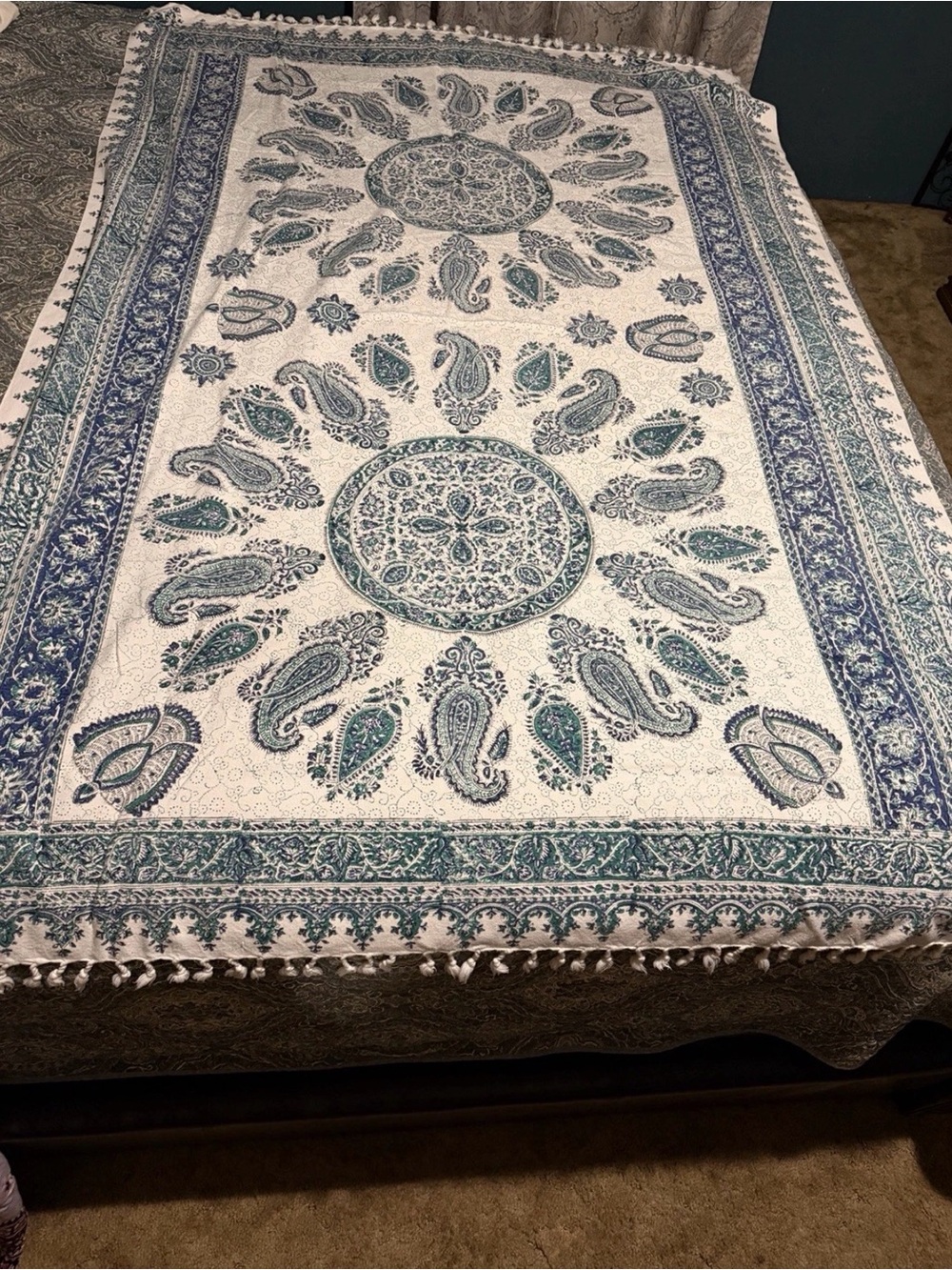 ANTIQUE Esfahan Iran Hand Block Painted Ghalamkar Cotton Fringed (53”x78”)